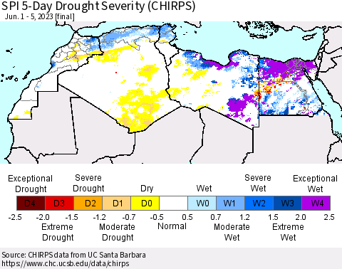 North Africa SPI 5-Day Drought Severity (CHIRPS) Thematic Map For 6/1/2023 - 6/5/2023