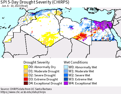 North Africa SPI 5-Day Drought Severity (CHIRPS) Thematic Map For 6/6/2023 - 6/10/2023