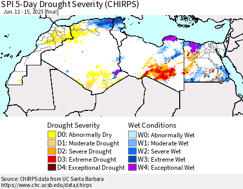 North Africa SPI 5-Day Drought Severity (CHIRPS) Thematic Map For 6/11/2023 - 6/15/2023