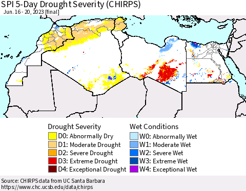 North Africa SPI 5-Day Drought Severity (CHIRPS) Thematic Map For 6/16/2023 - 6/20/2023