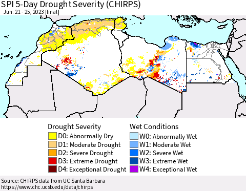North Africa SPI 5-Day Drought Severity (CHIRPS) Thematic Map For 6/21/2023 - 6/25/2023
