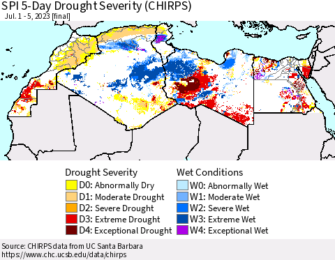 North Africa SPI 5-Day Drought Severity (CHIRPS) Thematic Map For 7/1/2023 - 7/5/2023