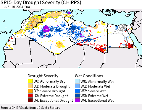 North Africa SPI 5-Day Drought Severity (CHIRPS) Thematic Map For 7/6/2023 - 7/10/2023