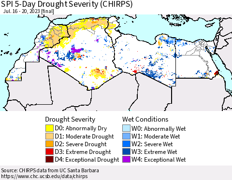 North Africa SPI 5-Day Drought Severity (CHIRPS) Thematic Map For 7/16/2023 - 7/20/2023