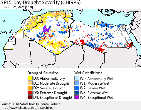 North Africa SPI 5-Day Drought Severity (CHIRPS) Thematic Map For 7/21/2023 - 7/25/2023
