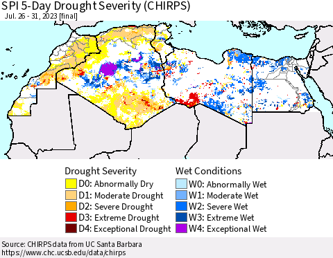 North Africa SPI 5-Day Drought Severity (CHIRPS) Thematic Map For 7/26/2023 - 7/31/2023
