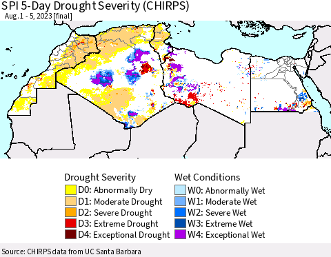 North Africa SPI 5-Day Drought Severity (CHIRPS) Thematic Map For 8/1/2023 - 8/5/2023
