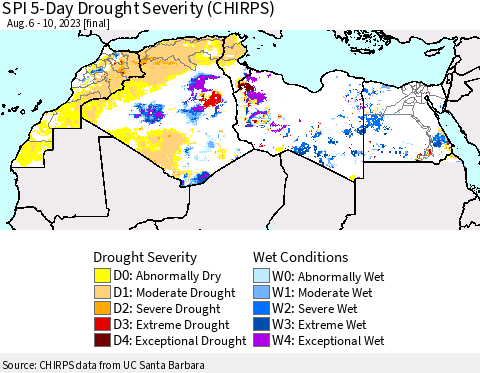 North Africa SPI 5-Day Drought Severity (CHIRPS) Thematic Map For 8/6/2023 - 8/10/2023