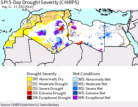 North Africa SPI 5-Day Drought Severity (CHIRPS) Thematic Map For 8/11/2023 - 8/15/2023