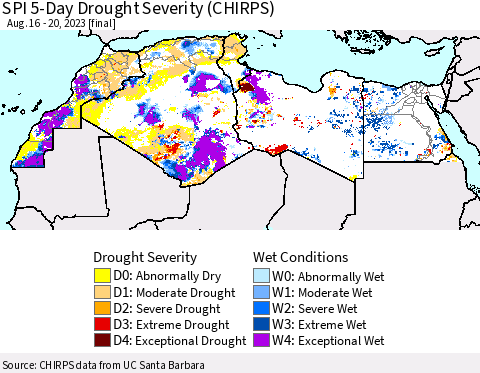 North Africa SPI 5-Day Drought Severity (CHIRPS) Thematic Map For 8/16/2023 - 8/20/2023