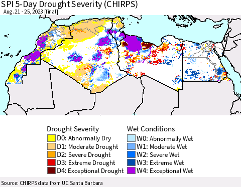 North Africa SPI 5-Day Drought Severity (CHIRPS) Thematic Map For 8/21/2023 - 8/25/2023