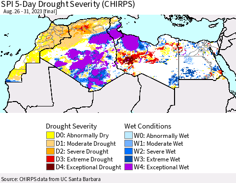 North Africa SPI 5-Day Drought Severity (CHIRPS) Thematic Map For 8/26/2023 - 8/31/2023