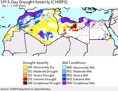 North Africa SPI 5-Day Drought Severity (CHIRPS) Thematic Map For 9/1/2023 - 9/5/2023