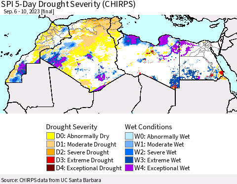 North Africa SPI 5-Day Drought Severity (CHIRPS) Thematic Map For 9/6/2023 - 9/10/2023