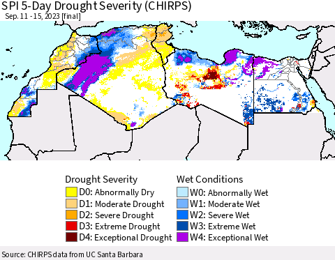 North Africa SPI 5-Day Drought Severity (CHIRPS) Thematic Map For 9/11/2023 - 9/15/2023