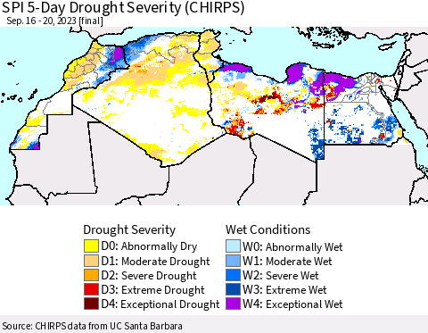 North Africa SPI 5-Day Drought Severity (CHIRPS) Thematic Map For 9/16/2023 - 9/20/2023
