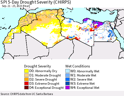 North Africa SPI 5-Day Drought Severity (CHIRPS) Thematic Map For 9/21/2023 - 9/25/2023
