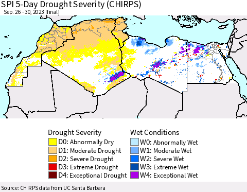 North Africa SPI 5-Day Drought Severity (CHIRPS) Thematic Map For 9/26/2023 - 9/30/2023