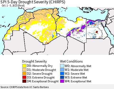 North Africa SPI 5-Day Drought Severity (CHIRPS) Thematic Map For 10/1/2023 - 10/5/2023
