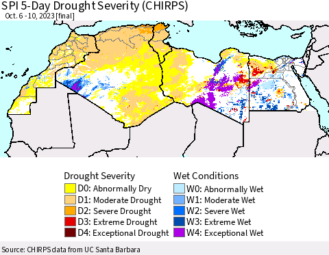 North Africa SPI 5-Day Drought Severity (CHIRPS) Thematic Map For 10/6/2023 - 10/10/2023