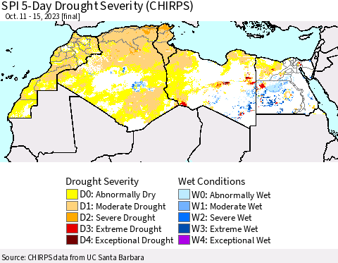 North Africa SPI 5-Day Drought Severity (CHIRPS) Thematic Map For 10/11/2023 - 10/15/2023