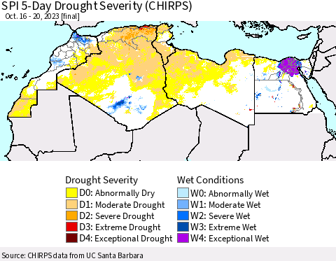 North Africa SPI 5-Day Drought Severity (CHIRPS) Thematic Map For 10/16/2023 - 10/20/2023