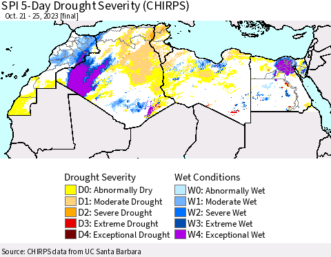 North Africa SPI 5-Day Drought Severity (CHIRPS) Thematic Map For 10/21/2023 - 10/25/2023