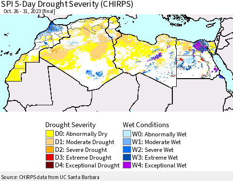 North Africa SPI 5-Day Drought Severity (CHIRPS) Thematic Map For 10/26/2023 - 10/31/2023