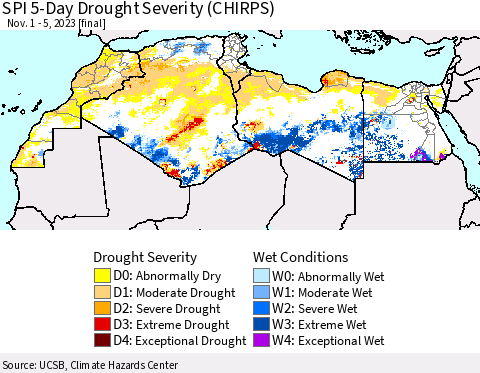 North Africa SPI 5-Day Drought Severity (CHIRPS) Thematic Map For 11/1/2023 - 11/5/2023