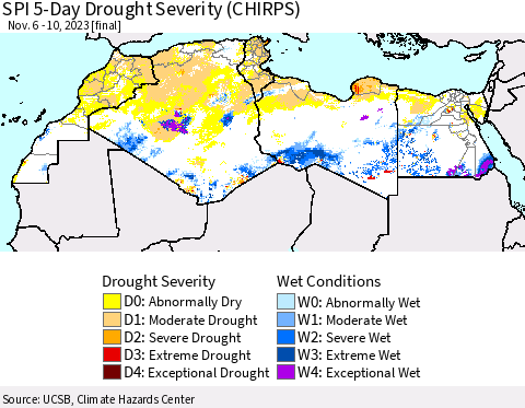 North Africa SPI 5-Day Drought Severity (CHIRPS) Thematic Map For 11/6/2023 - 11/10/2023