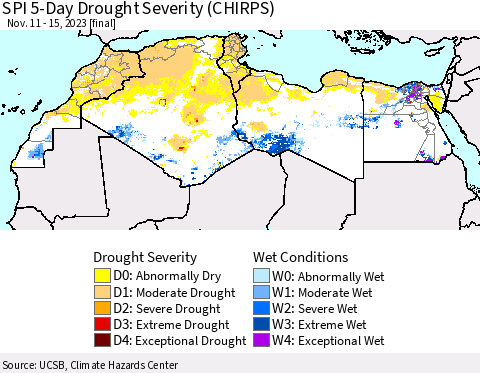 North Africa SPI 5-Day Drought Severity (CHIRPS) Thematic Map For 11/11/2023 - 11/15/2023