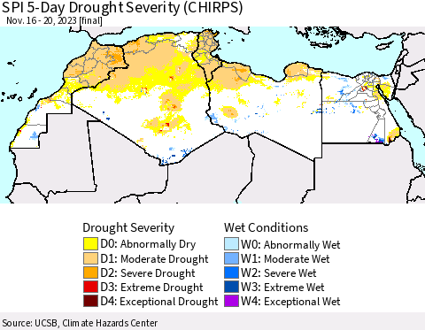 North Africa SPI 5-Day Drought Severity (CHIRPS) Thematic Map For 11/16/2023 - 11/20/2023