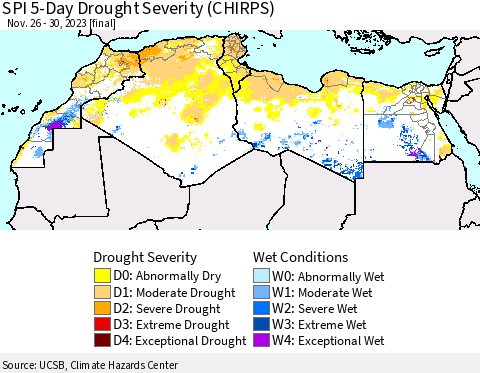 North Africa SPI 5-Day Drought Severity (CHIRPS) Thematic Map For 11/26/2023 - 11/30/2023