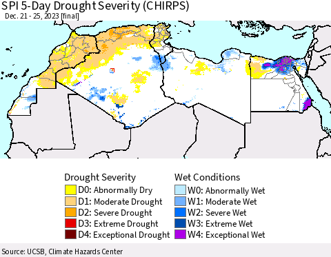 North Africa SPI 5-Day Drought Severity (CHIRPS) Thematic Map For 12/21/2023 - 12/25/2023