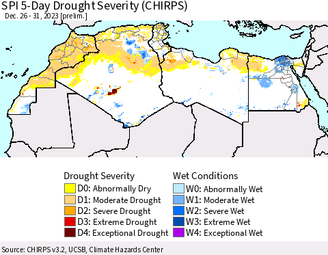 North Africa SPI 5-Day Drought Severity (CHIRPS) Thematic Map For 12/26/2023 - 12/31/2023
