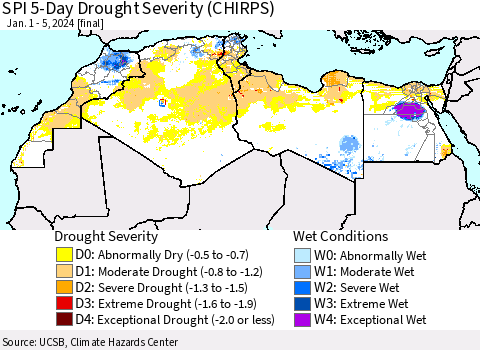 North Africa SPI 5-Day Drought Severity (CHIRPS) Thematic Map For 1/1/2024 - 1/5/2024