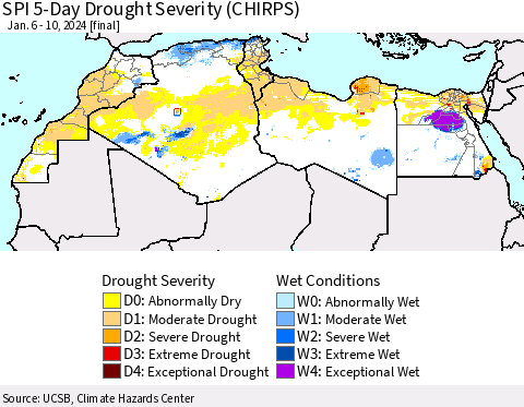 North Africa SPI 5-Day Drought Severity (CHIRPS) Thematic Map For 1/6/2024 - 1/10/2024