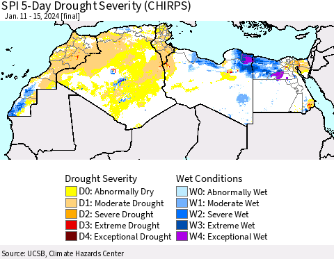 North Africa SPI 5-Day Drought Severity (CHIRPS) Thematic Map For 1/11/2024 - 1/15/2024