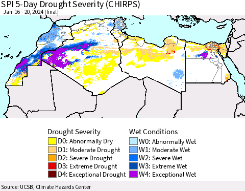 North Africa SPI 5-Day Drought Severity (CHIRPS) Thematic Map For 1/16/2024 - 1/20/2024