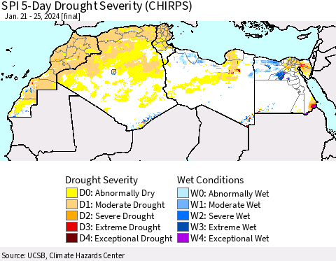 North Africa SPI 5-Day Drought Severity (CHIRPS) Thematic Map For 1/21/2024 - 1/25/2024