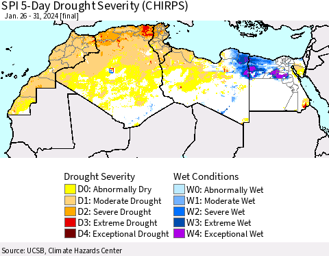 North Africa SPI 5-Day Drought Severity (CHIRPS) Thematic Map For 1/26/2024 - 1/31/2024