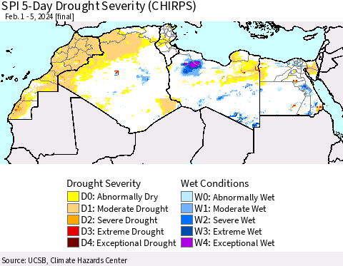 North Africa SPI 5-Day Drought Severity (CHIRPS) Thematic Map For 2/1/2024 - 2/5/2024