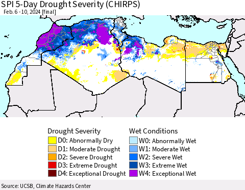 North Africa SPI 5-Day Drought Severity (CHIRPS) Thematic Map For 2/6/2024 - 2/10/2024