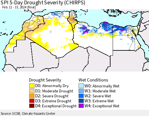 North Africa SPI 5-Day Drought Severity (CHIRPS) Thematic Map For 2/11/2024 - 2/15/2024
