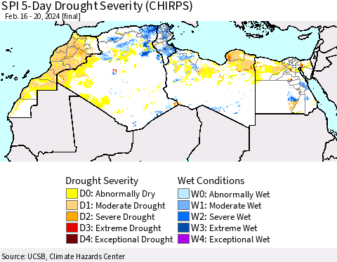 North Africa SPI 5-Day Drought Severity (CHIRPS) Thematic Map For 2/16/2024 - 2/20/2024