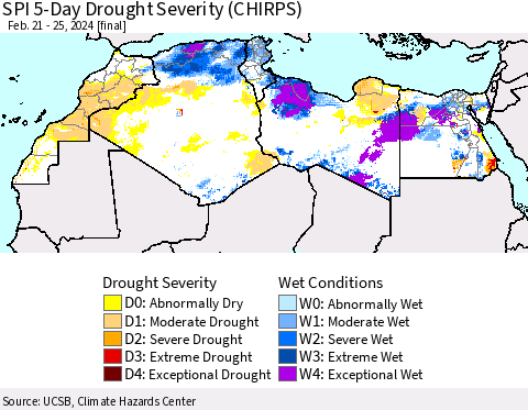 North Africa SPI 5-Day Drought Severity (CHIRPS) Thematic Map For 2/21/2024 - 2/25/2024