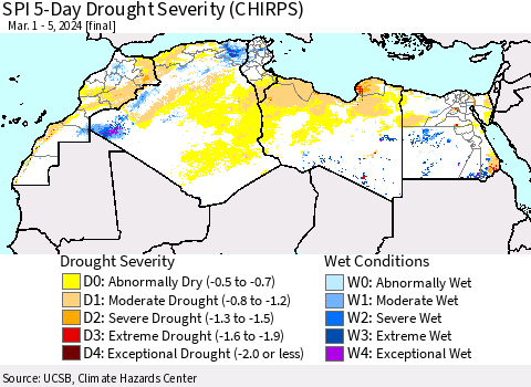 North Africa SPI 5-Day Drought Severity (CHIRPS) Thematic Map For 3/1/2024 - 3/5/2024