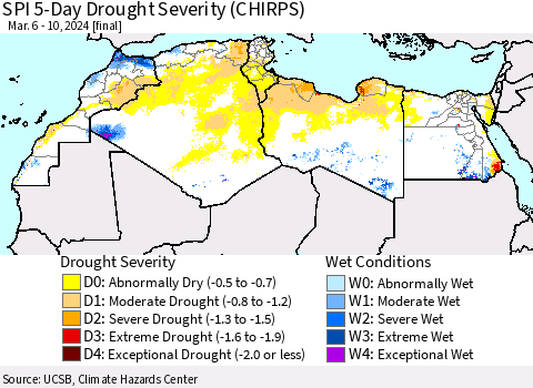 North Africa SPI 5-Day Drought Severity (CHIRPS) Thematic Map For 3/6/2024 - 3/10/2024