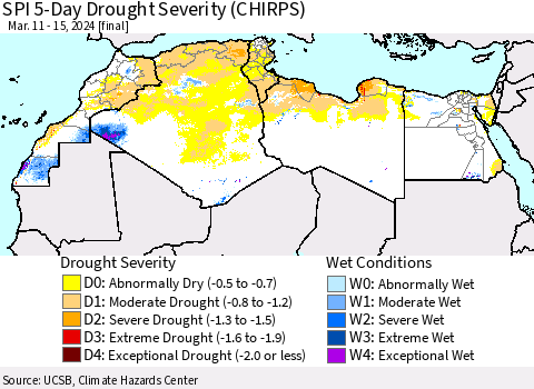 North Africa SPI 5-Day Drought Severity (CHIRPS) Thematic Map For 3/11/2024 - 3/15/2024