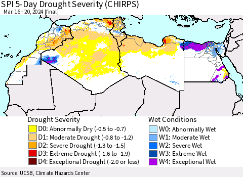 North Africa SPI 5-Day Drought Severity (CHIRPS) Thematic Map For 3/16/2024 - 3/20/2024